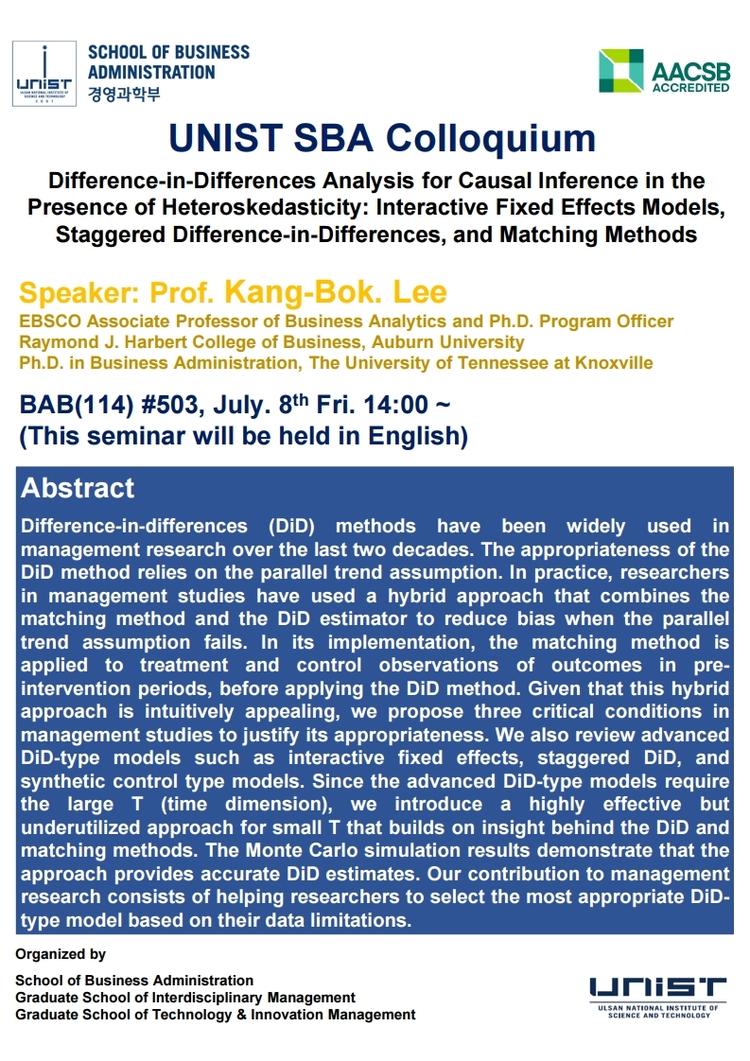 [2022 SBA Colloquium Series #3] Difference-in-Differences Analysis for Causal Inference in the Presence of Heteroskedasticity: Interactive Fixed Effects Models, Staggered Difference-in-Differences, and Matching Methods