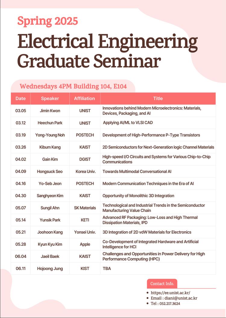 EE Graduate Seminar(Innovations behind modern microelectronics:  materials, devices, packaging, and AI)
