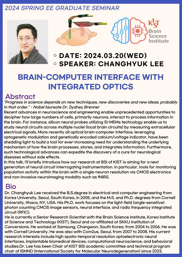 Title: CMOS Integrated Circuits for High-density Multi-functional Neural Interface(EE Graduate Seminar)