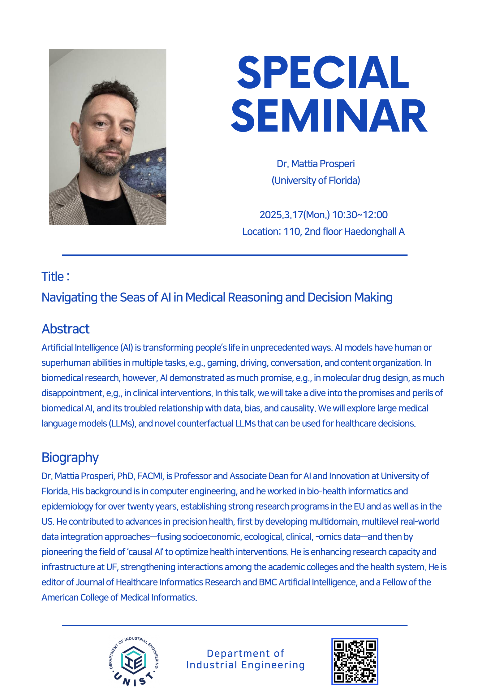 [Special Seminar] 25.3.17(mon) 10:30~12:00 Bulding 110, HaedongHall A