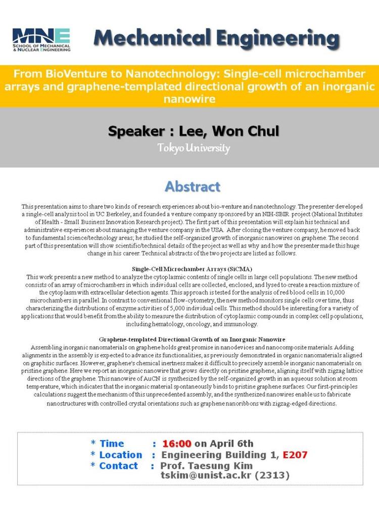 From BioVenture to Nanotechnology: Single-cell microchamber arrays and graphene-templated directional growth of an inorganic nanowire