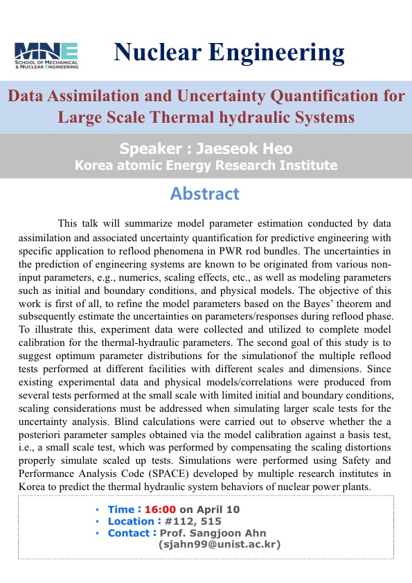 [NUE] Data Assimilation and Uncertainty Quantification for Large Scale Thermal Hydraulic Systems