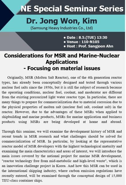 Considerations for MSR and Marine-Nuclear Applications - Focusing on material issues, Jong Won, Kim(Samsung Heavy Industries Co., Ltd)