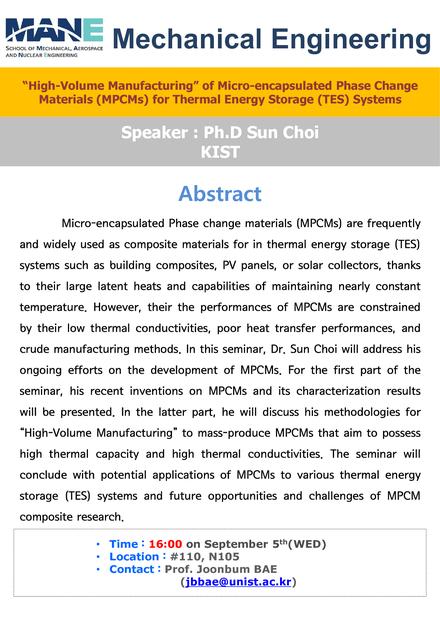 ［MEN］“High-Volume Manufacturing” of Micro-encapsulated Phase Change Materials (MPCMs) for Thermal Energy Storage (TES) Systems