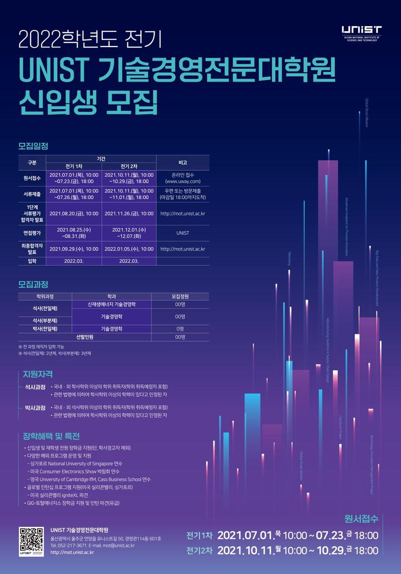 2022학년도 전기 UNIST 기술경영전문대학원 신입생 모집